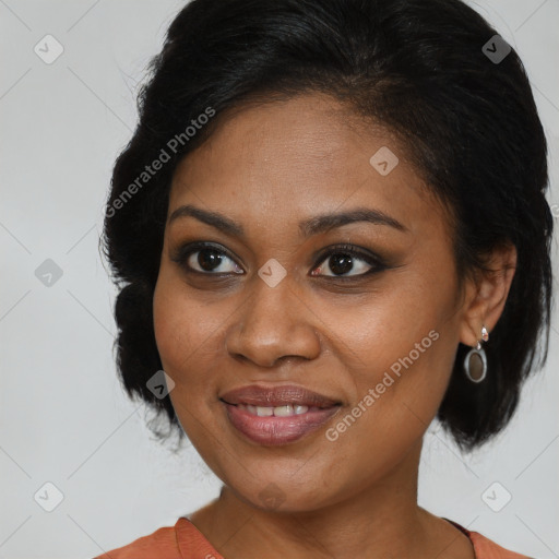 Joyful black young-adult female with medium  brown hair and brown eyes