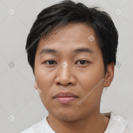 Neutral asian young-adult male with short  black hair and brown eyes