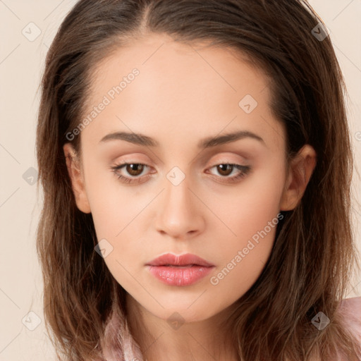 Neutral white young-adult female with long  brown hair and brown eyes