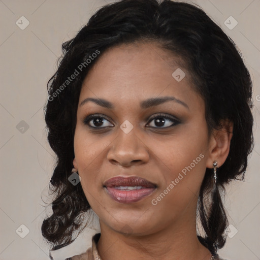 Joyful black young-adult female with medium  black hair and brown eyes