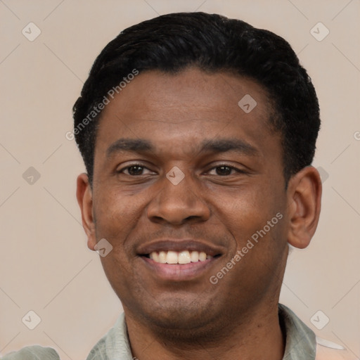 Joyful latino young-adult male with short  black hair and brown eyes
