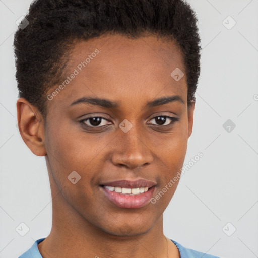 Joyful black young-adult female with short  brown hair and brown eyes