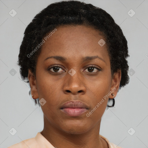 Neutral black young-adult female with short  brown hair and brown eyes