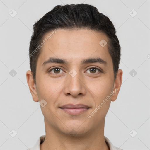 Joyful white young-adult male with short  brown hair and brown eyes