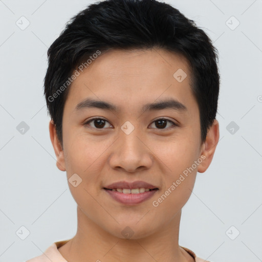 Joyful asian young-adult male with short  brown hair and brown eyes