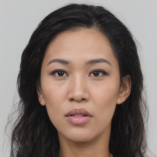 Neutral asian young-adult female with long  black hair and brown eyes