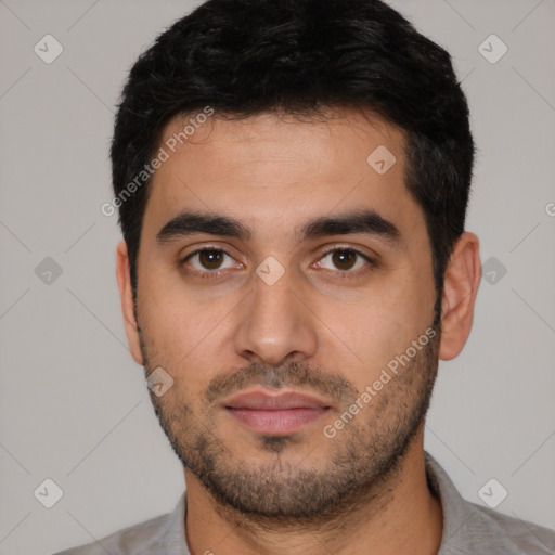 Neutral latino young-adult male with short  black hair and brown eyes