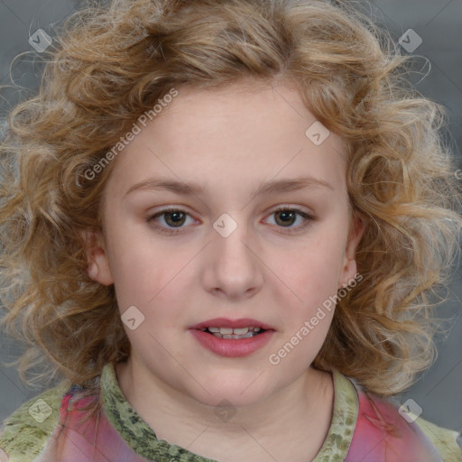 Joyful white child female with medium  brown hair and brown eyes