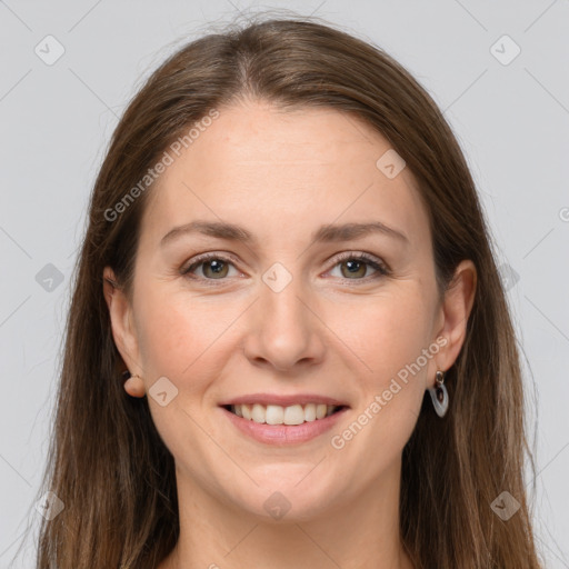 Joyful white young-adult female with long  brown hair and grey eyes