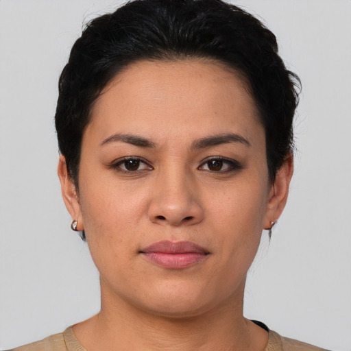 Neutral asian young-adult female with short  brown hair and brown eyes