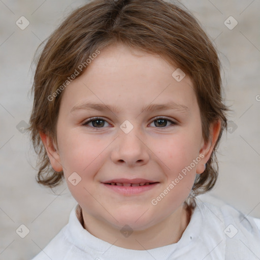 Joyful white child female with medium  brown hair and brown eyes