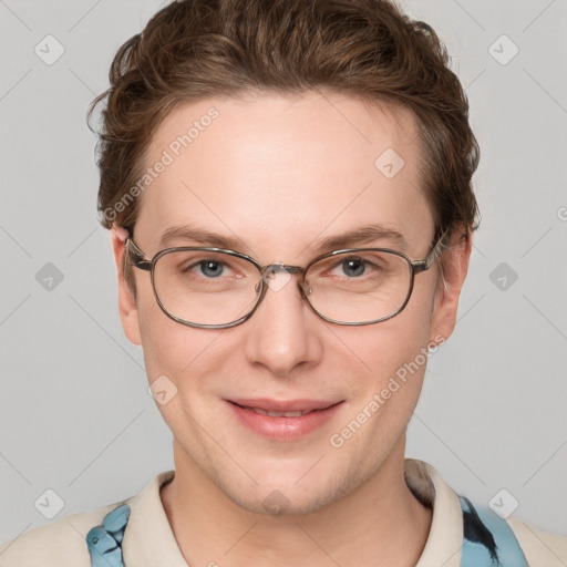 Joyful white young-adult female with short  brown hair and blue eyes