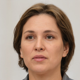 Neutral white adult female with medium  brown hair and brown eyes