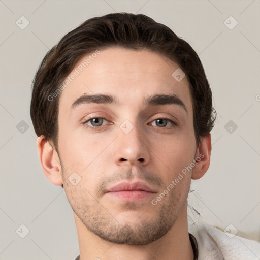 Neutral white young-adult male with short  brown hair and grey eyes