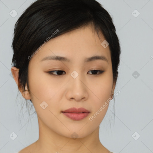 Neutral asian young-adult female with medium  brown hair and brown eyes