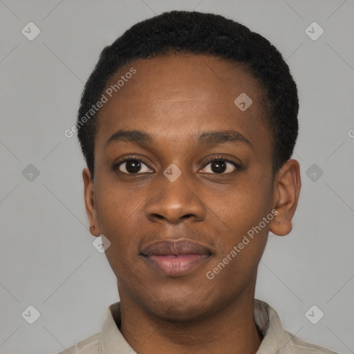 Joyful black young-adult male with short  black hair and brown eyes