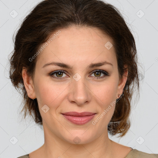 Joyful white young-adult female with medium  brown hair and green eyes