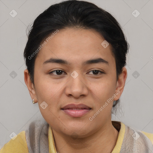 Joyful latino young-adult female with short  brown hair and brown eyes