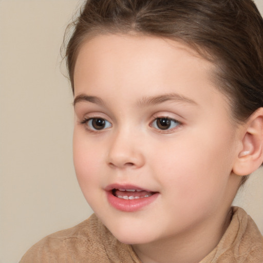 Joyful white child female with medium  brown hair and brown eyes