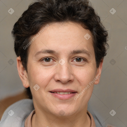 Joyful white adult female with short  brown hair and brown eyes