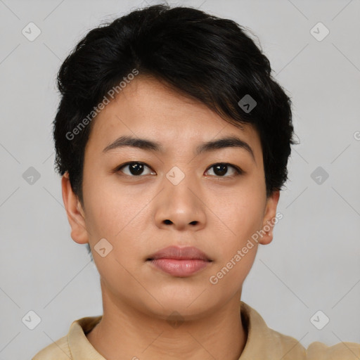 Neutral asian young-adult female with short  black hair and brown eyes