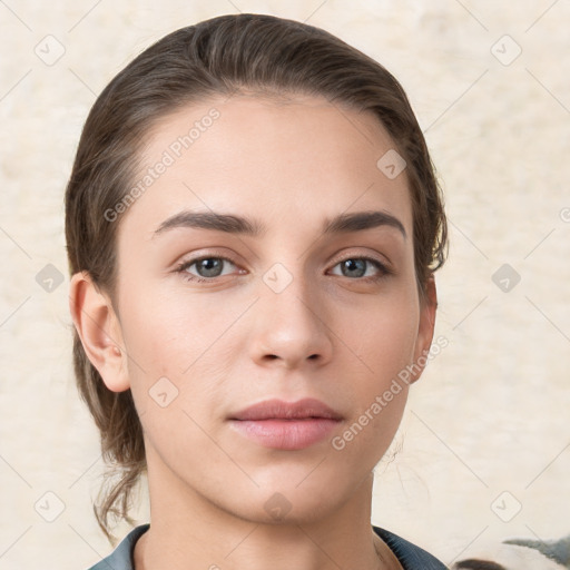 Neutral white young-adult female with medium  brown hair and brown eyes