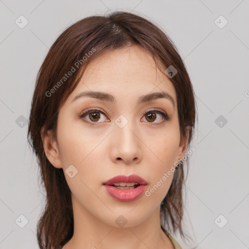 Neutral white young-adult female with medium  brown hair and brown eyes