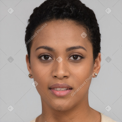 Joyful latino young-adult female with short  black hair and brown eyes