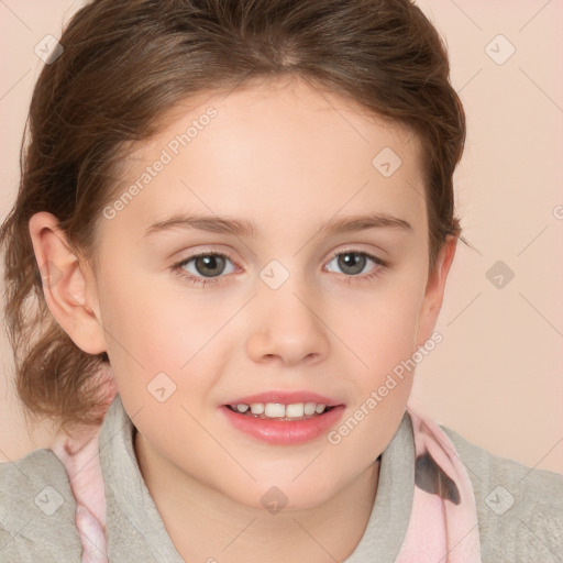 Joyful white child female with short  brown hair and brown eyes