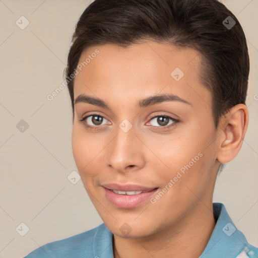 Joyful white young-adult female with short  brown hair and brown eyes