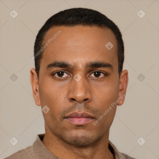 Neutral latino young-adult male with short  black hair and brown eyes