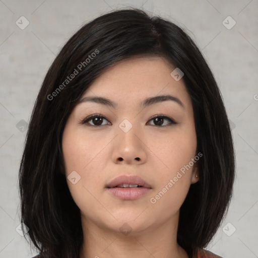 Neutral asian young-adult female with medium  black hair and brown eyes