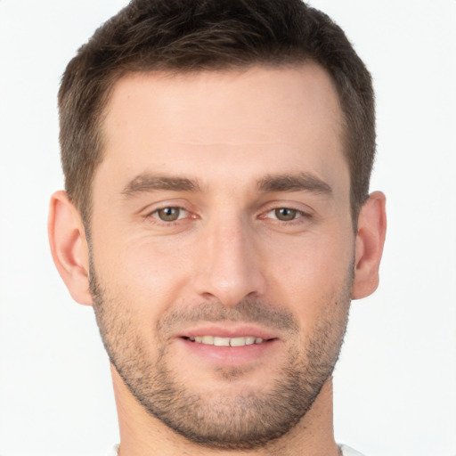 Joyful white young-adult male with short  brown hair and brown eyes