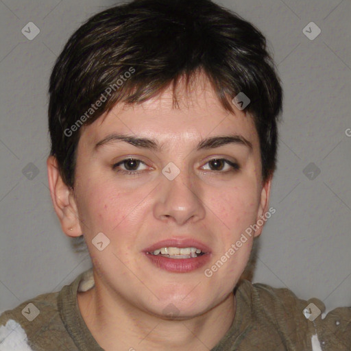 Joyful white young-adult female with medium  brown hair and brown eyes