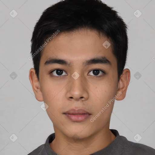 Neutral asian young-adult male with short  black hair and brown eyes