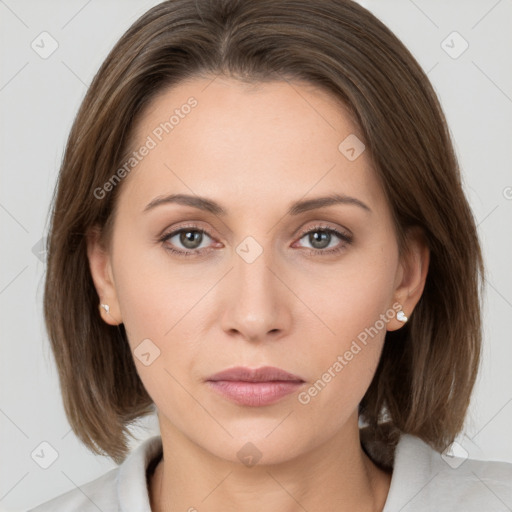 Neutral white young-adult female with medium  brown hair and brown eyes