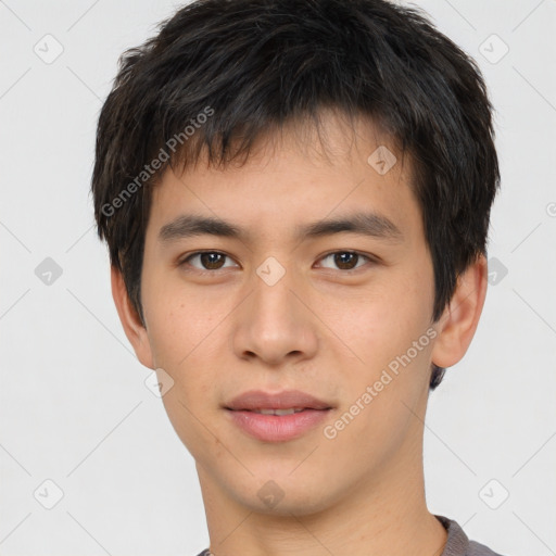 Neutral asian young-adult male with short  brown hair and brown eyes