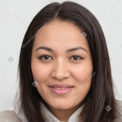 Joyful latino young-adult female with long  brown hair and brown eyes