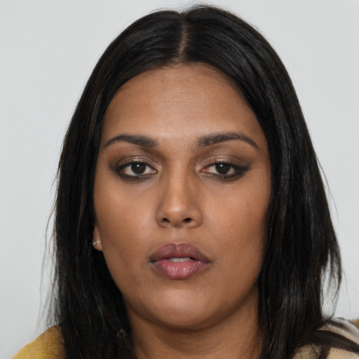Neutral asian young-adult female with long  black hair and brown eyes