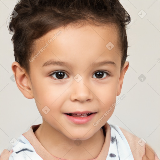 Joyful white child female with short  brown hair and brown eyes