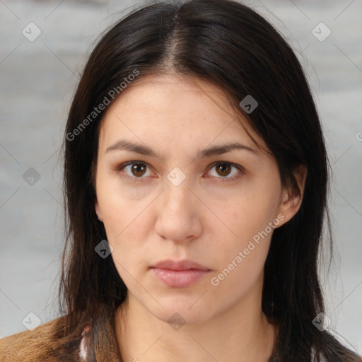 Neutral white young-adult female with medium  brown hair and brown eyes