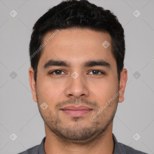 Neutral latino young-adult male with short  black hair and brown eyes