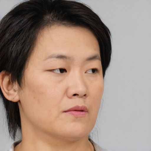 Neutral asian young-adult female with medium  brown hair and brown eyes