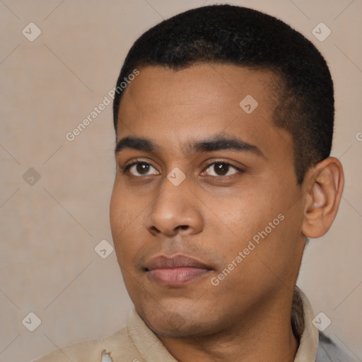 Neutral latino young-adult male with short  black hair and brown eyes