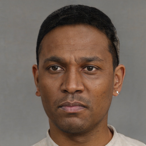 Neutral latino adult male with short  black hair and brown eyes