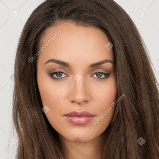 Neutral white young-adult female with long  brown hair and brown eyes