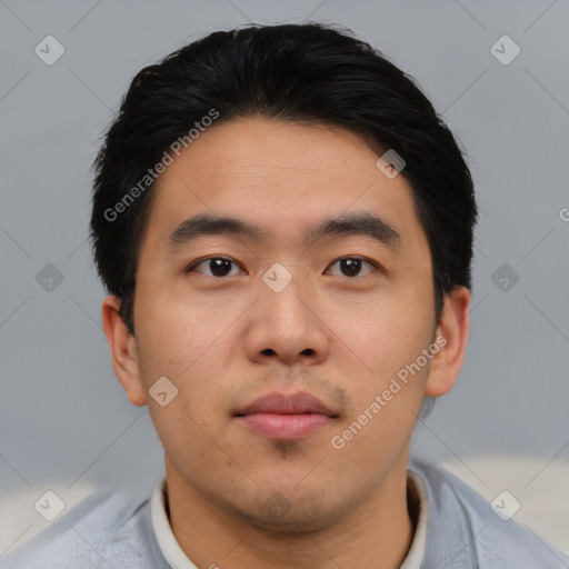 Neutral asian young-adult male with short  black hair and brown eyes
