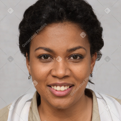 Joyful latino young-adult female with short  brown hair and brown eyes