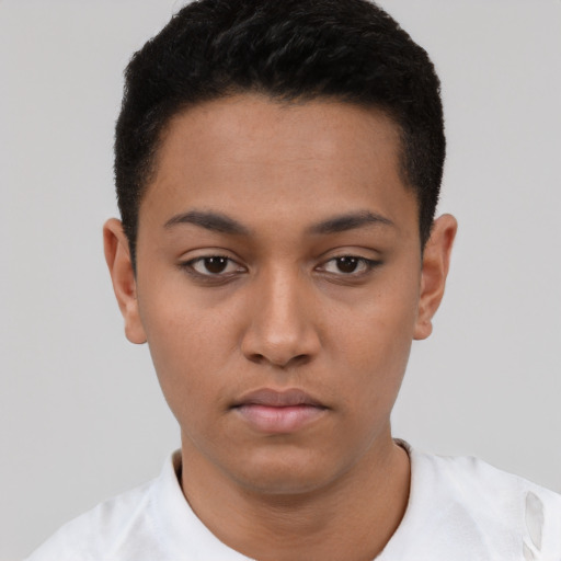 Neutral latino young-adult male with short  black hair and brown eyes