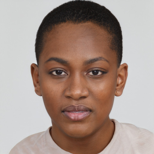 Neutral black young-adult female with short  black hair and brown eyes